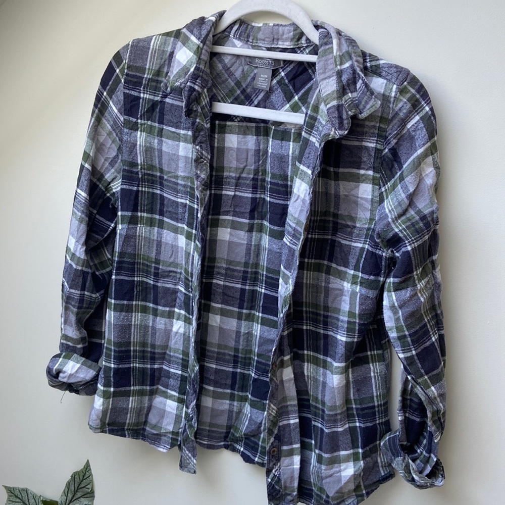 Roots Navy, White & Olive Green Plaid Button-Down Shirt